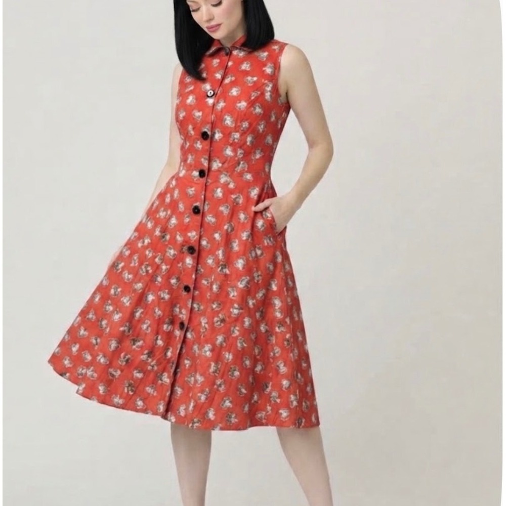 Retrolicious Red Squirrel Print Fit & Flare Dress Cotton Peter Pan Collar Large